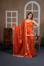 Orange Silk Embroidered Sharara Set with Dupatta – Teej Festive Collection