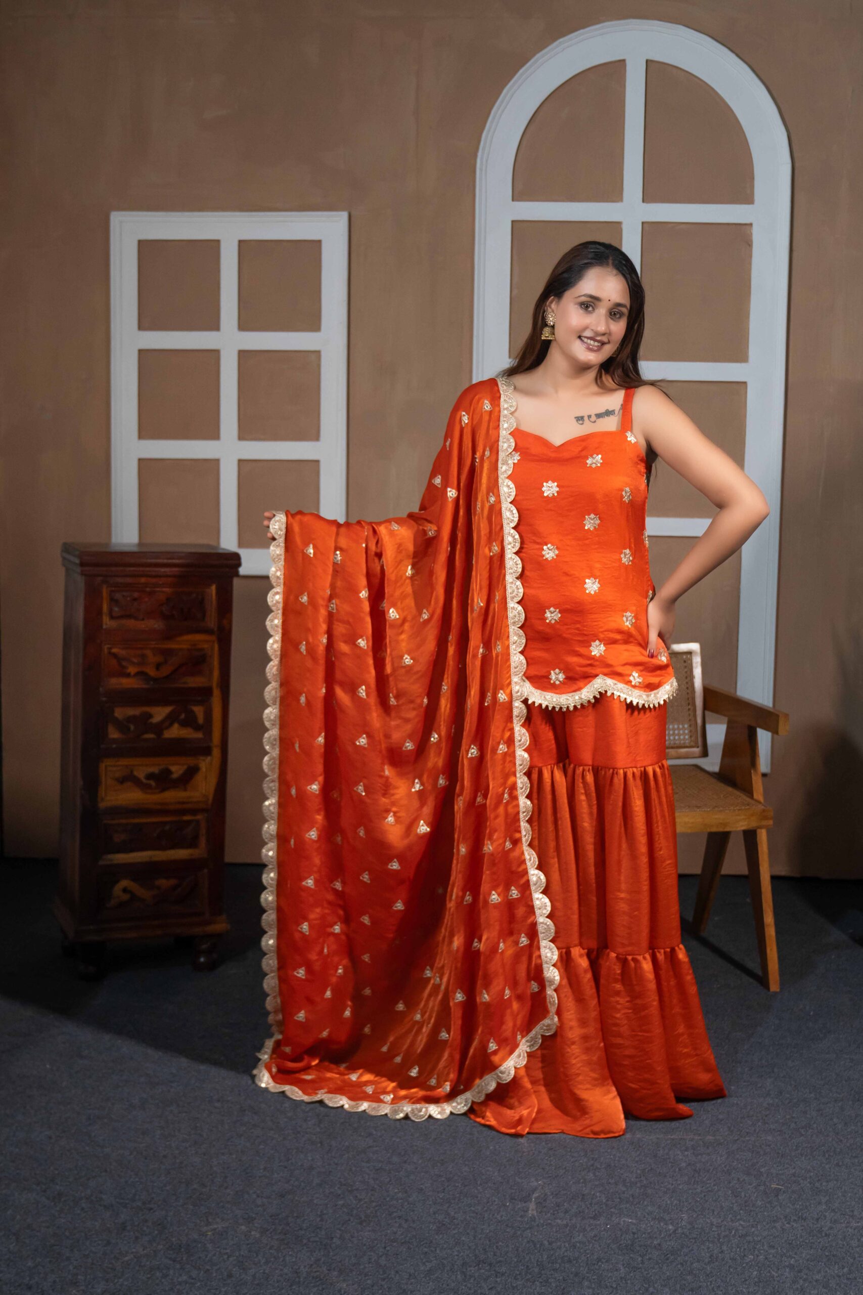 JSP00003 Orange Silk Embroidered Sharara Set with Dupatta – Teej Festive Collection - Image 1