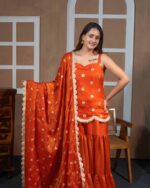 Orange Silk Embroidered Sharara Set with Dupatta – Teej Festive Collection - Image 2