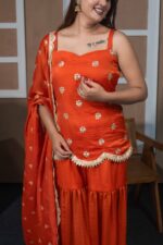 Orange Silk Embroidered Sharara Set with Dupatta – Teej Festive Collection - Image 4