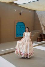 𝐇𝐚𝐥𝐭𝐞𝐫 𝐍𝐞𝐜𝐤 𝐅𝐥𝐚𝐫𝐞𝐝 𝐀𝐧𝐚𝐫𝐤𝐚𝐥𝐢  Soft Satin | Elegant Print | Lotus Border - Image 7