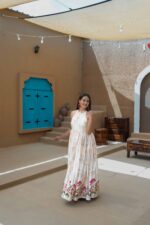 𝐇𝐚𝐥𝐭𝐞𝐫 𝐍𝐞𝐜𝐤 𝐅𝐥𝐚𝐫𝐞𝐝 𝐀𝐧𝐚𝐫𝐤𝐚𝐥𝐢  Soft Satin | Elegant Print | Lotus Border - Image 8