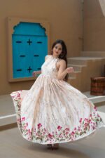 𝐇𝐚𝐥𝐭𝐞𝐫 𝐍𝐞𝐜𝐤 𝐅𝐥𝐚𝐫𝐞𝐝 𝐀𝐧𝐚𝐫𝐤𝐚𝐥𝐢  Soft Satin | Elegant Print | Lotus Border - Image 2