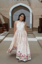 𝐇𝐚𝐥𝐭𝐞𝐫 𝐍𝐞𝐜𝐤 𝐅𝐥𝐚𝐫𝐞𝐝 𝐀𝐧𝐚𝐫𝐤𝐚𝐥𝐢  Soft Satin | Elegant Print | Lotus Border - Image 3