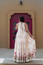 𝐇𝐚𝐥𝐭𝐞𝐫 𝐍𝐞𝐜𝐤 𝐅𝐥𝐚𝐫𝐞𝐝 𝐀𝐧𝐚𝐫𝐤𝐚𝐥𝐢  Soft Satin | Elegant Print | Lotus Border - Image 6